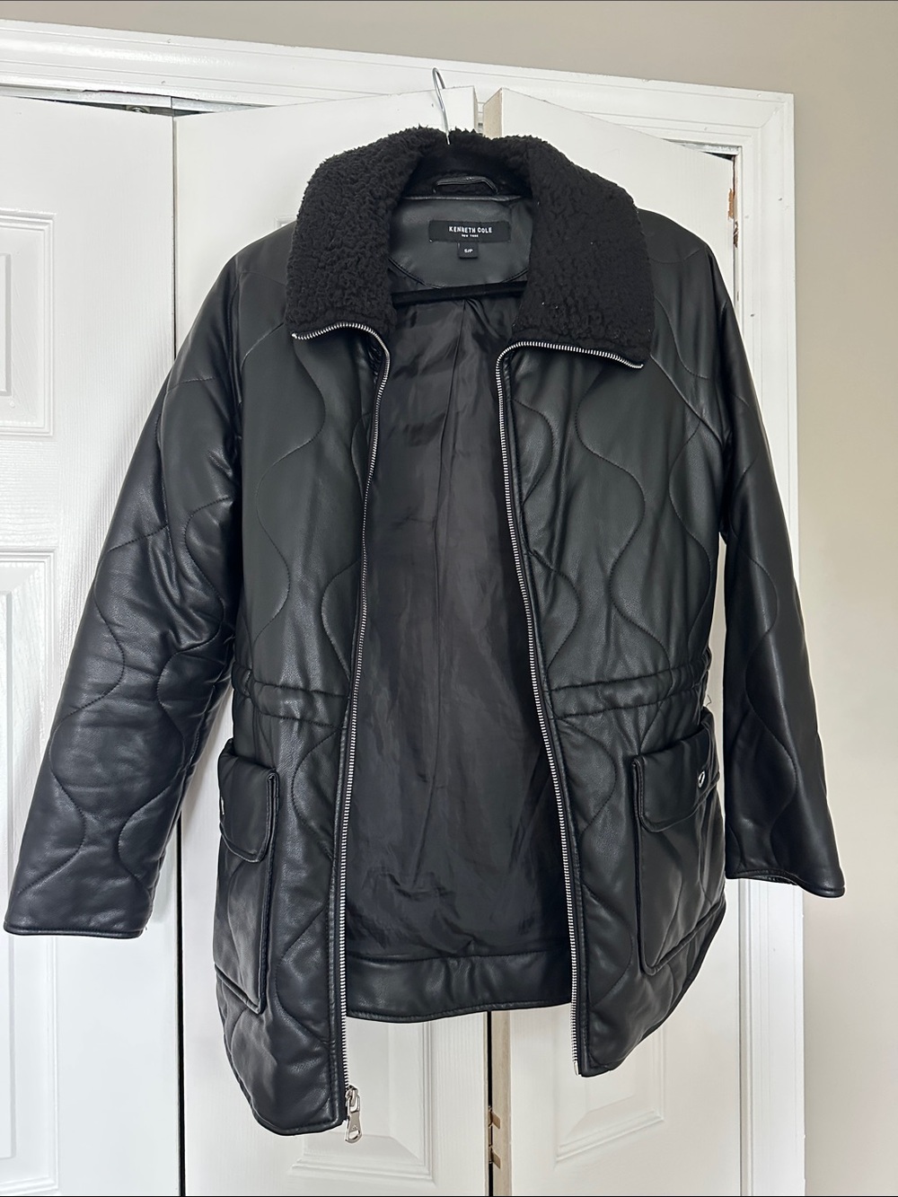 Kenneth Cole Black Quilted Faux Leather Puffer Jacket with Sherpa Collar